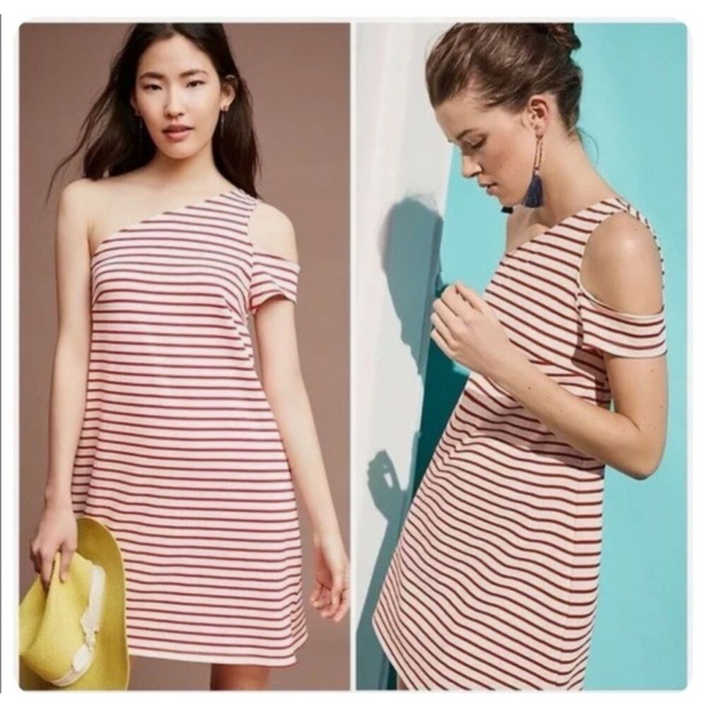 Anthropologie Maeve Marketa One-Shoulder Dress Size L Striped Red